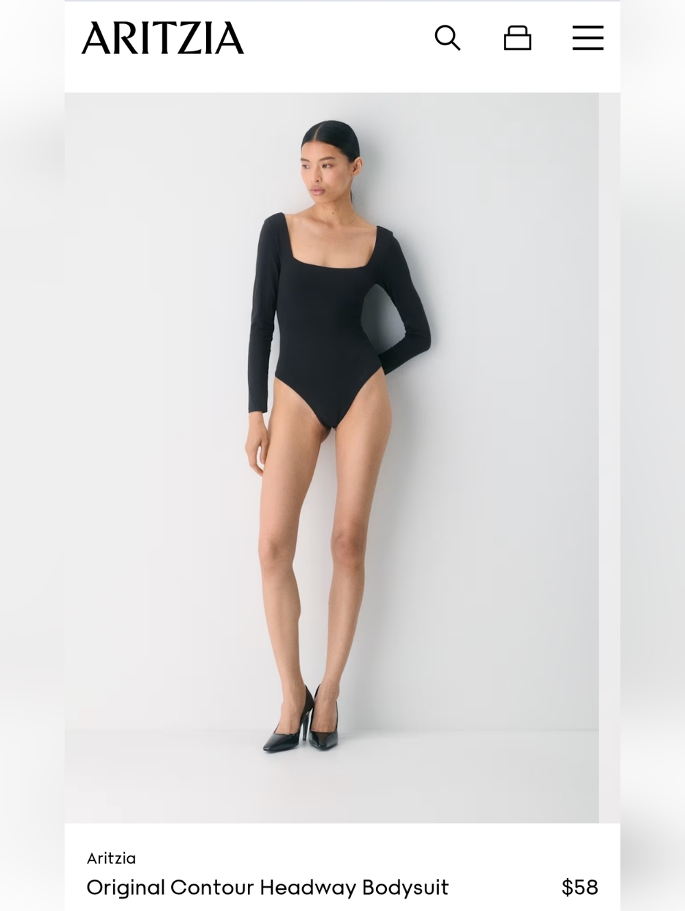 Aritzia Black Long-Sleeve Square-Neck Contour Bodysuit